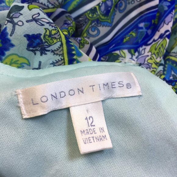 London Times Blouson Dress Size 12 Womans Blue Paisley Halter Neck Sleeveless - Picture 7 of 13
